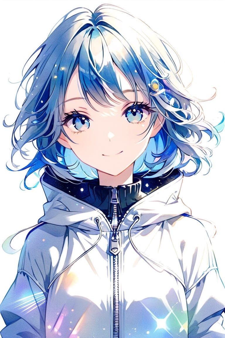 1girl, solo, shirt hair, looking at viewer, smile, bangs, blue eyes, loght blue hair, simple background, white background, closed mouth, jacket, upper body, hood, hoodie, white jacket, hooded jacket, hood up, zipper, cropped torso, zipper pull tab