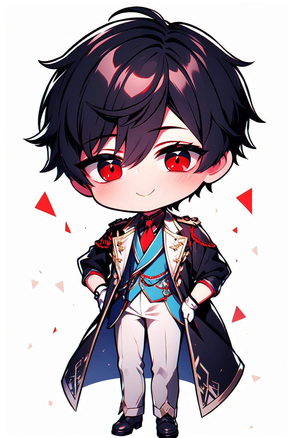 Very handsome and chaming boy, black short hair. He wears a very elegant prince (blue short sleeve shirt, white pants, white 19th century military blazer, black gloves, Beautiful skin. Beautitul and detailed eyes. red eyes. His eyes shine, his hair looks nice and shines too. Tidy hair hairstyle. Chibi character,smile