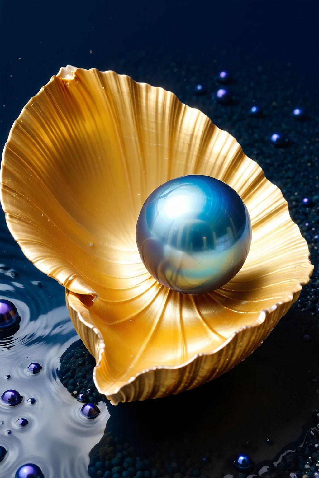 An open golden shell containing a blue pearl in the deep sea