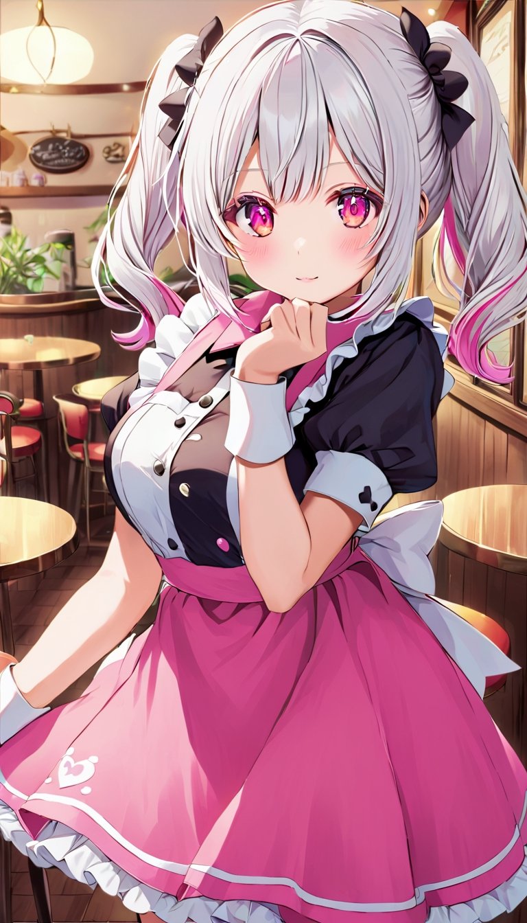 girl, maid cafe ,twin_tails hair,white hair,pink eyes,cute,wear cute Waitress dress