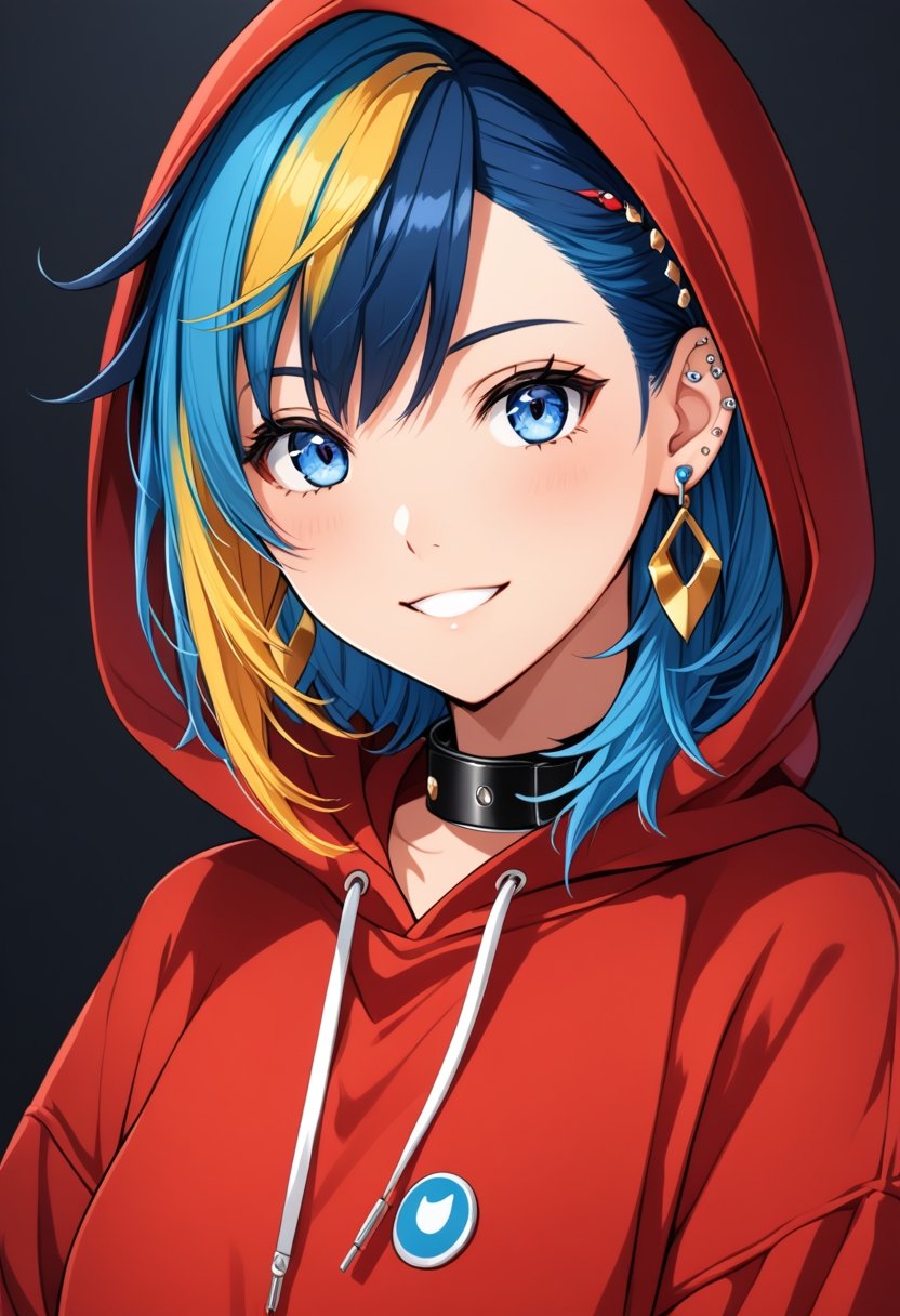 solo, looking at viewer, smile, yellow hair, 1girl, jewelry, blue hair, female focus, multicolored hair, earrings, virtual youtuber, hood, collar, blue eyes, red hoodie, piercing, ear piercing, hood up,haruka 