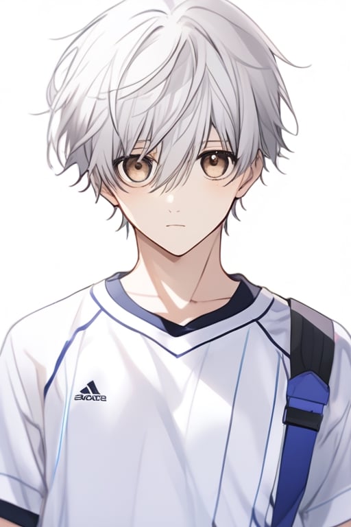 solo, looking at viewer, short hair, bangs, simple background, shirt, 1boy, white background, holding, hair between eyes, brown eyes, closed mouth, white shirt, upper body, white hair, short sleeves, male focus, sportswear, bags under eyes,Joo Jae-kyung,seishirou nagi,nagi_seishirou