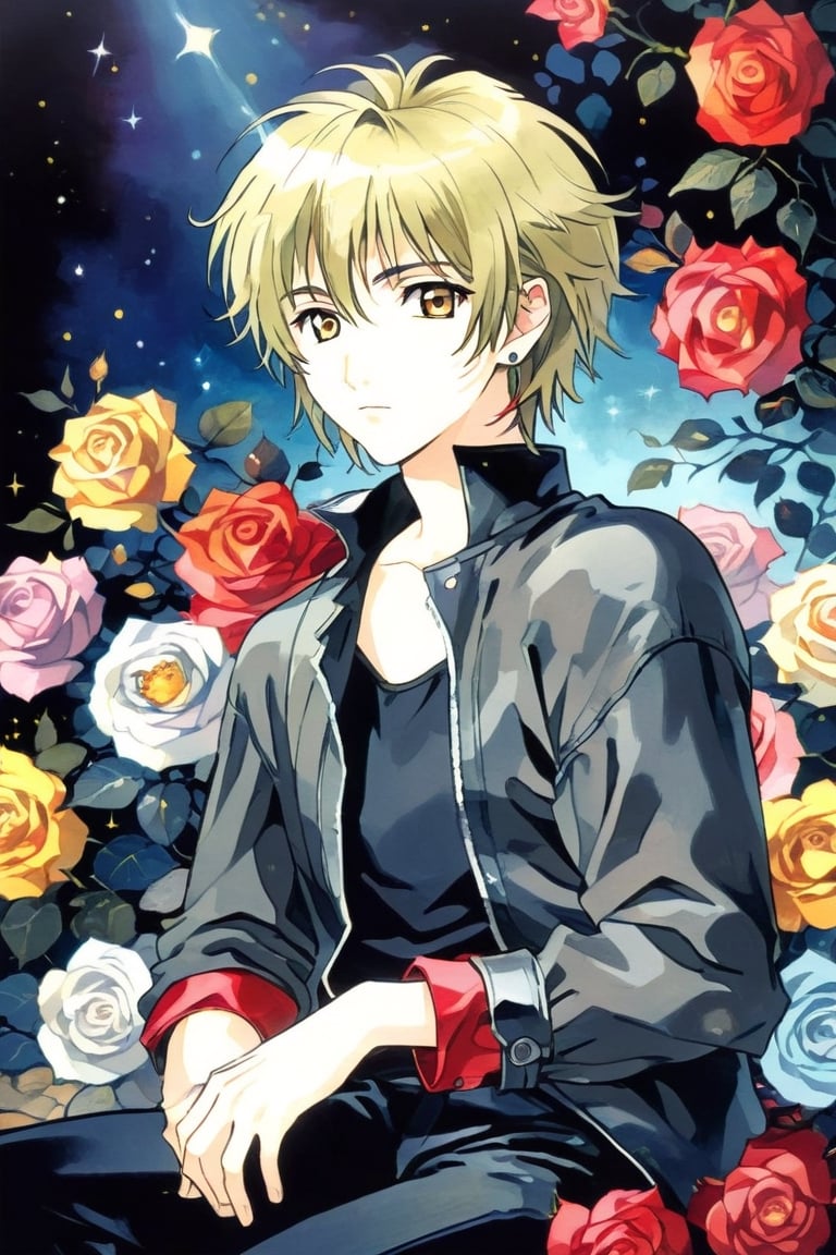 solo, looking at viewer, short hair, bangs,yellow hair, shirt, 1boy, brown eyes, sitting, jacket, flower, male focus, earrings, pants, black shirt, rose, black pants, red flower, red rose, retro artstyle, 1990s \(style\), screenshot, look at viewers ,cool look