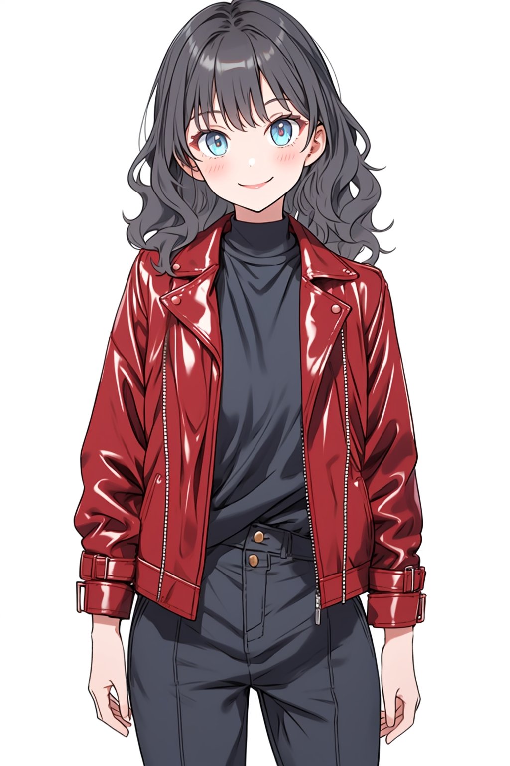 1girl, solo, looking at viewer, smile, blue eyes,wavy black shirt, red leather jacket, pants