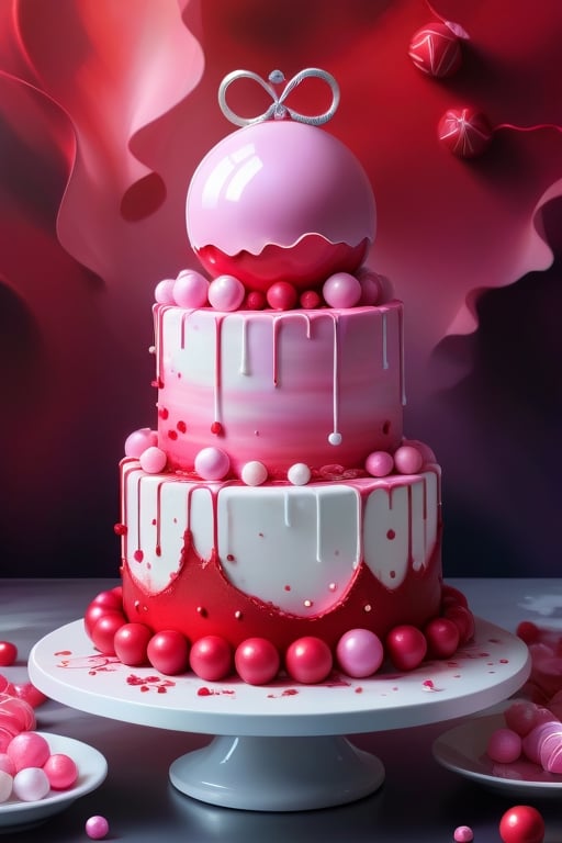 wedding  ball cake, remodernism , pink and red woth candy on it
 scattered the cake,masterpiece 8k wallpaper, art photography, manga drawing, an airbrush painting, vibrant oil painting, beautiful matte art, LitRPG, extremely detailed, neo-blie romanticism, DSLR, HDR