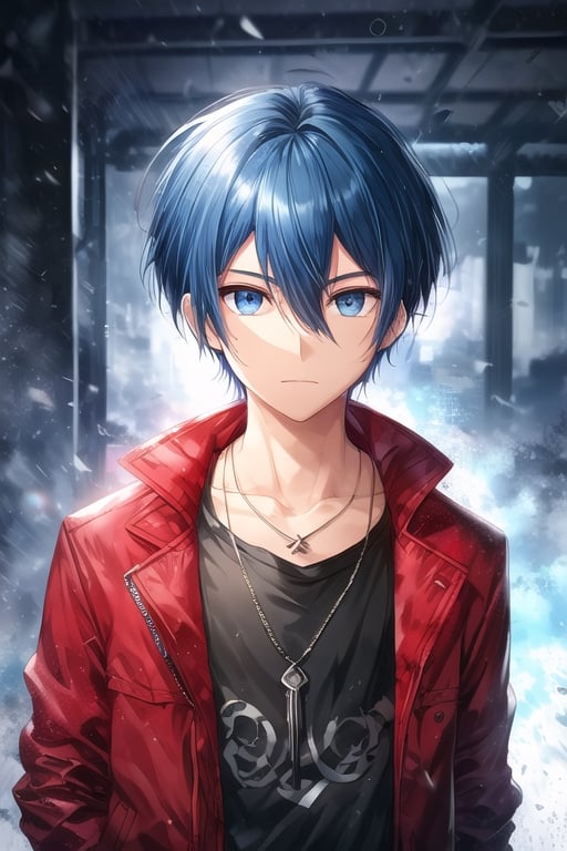 solo, looking at viewer, short hair, bangs, blue eyes, shirt, 1boy, hair between eyes, closed mouth, blue hair, jacket, upper body, male focus, open clothes, necklace, open jacket, black jacket, black shirt, red jacket