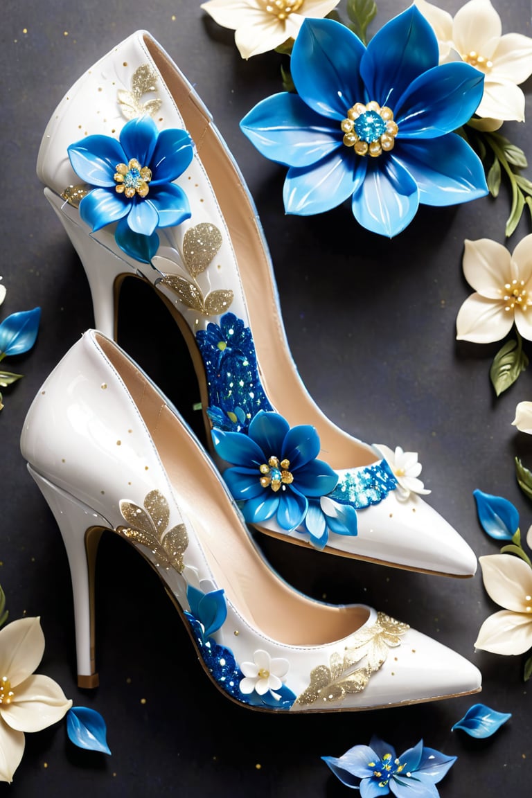 glitter white shoe,High heels ,cover with small blue flower