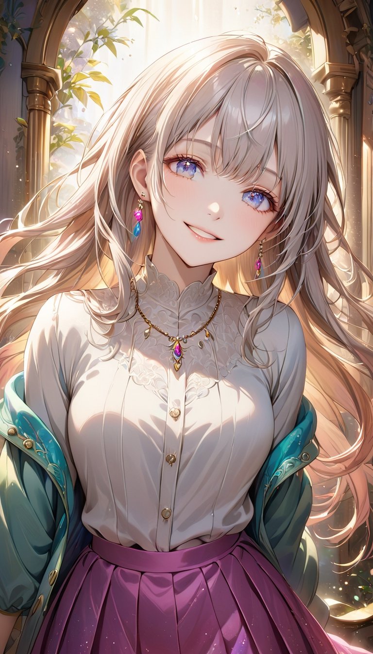 Beautiful, soft light, (beautiful and delicate eyes), very detailed, pale skin, big smile, (long hair), dreamy, medium chest, female 1, ((front shot)), bangs, soft expression, height 170, elegant , Bright smile, 8k art photo, photorealistic concept art, realistic, person, small necklace, small earrings, fantasy, jewelry, shyness, dreamy soft image, masterpiece, ultra high resolution, skirt, shirt, jacket, color , (both eyes (winds gently), (raises head slightly and looks immersed in happy thoughts),colorful,glitter