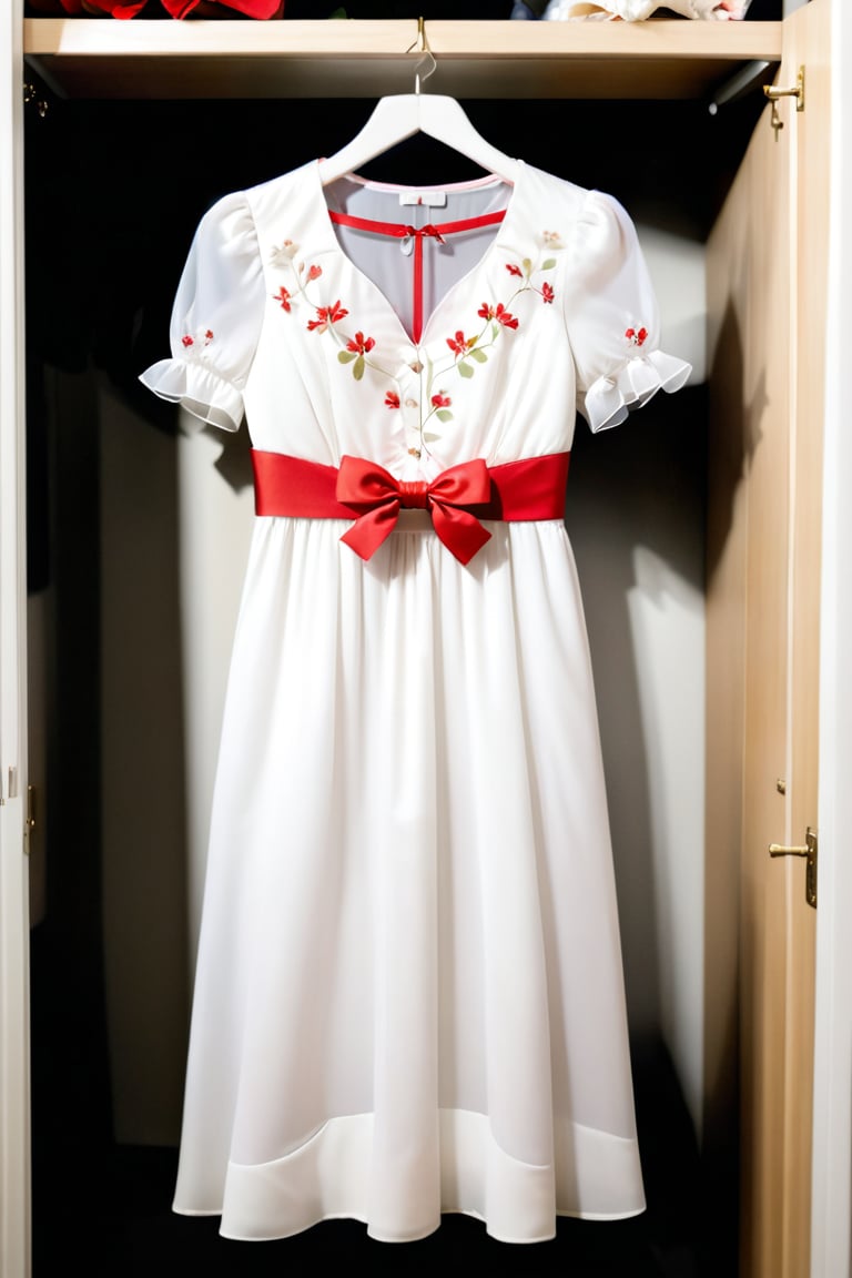 A white dress with small  red flower, short white sleeves, and a transparent handle hanging in a closet