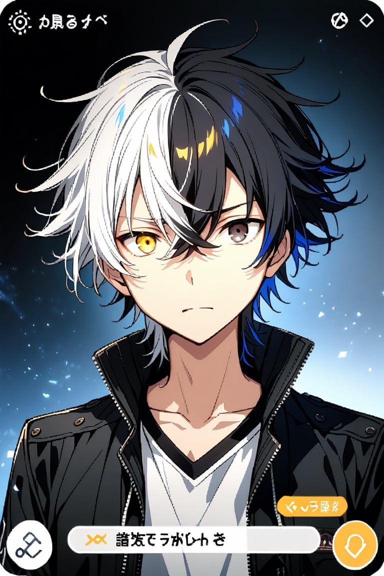 shirt, black hair, 1boy, jacket, right yellow eyes,left black eyes, upper body, white hair, male focus, multicolored hair, two-tone hair, heterochromia, split-color hair, fake screenshot,haruka 