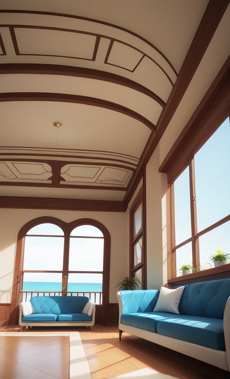 A blue table with a white chair on  the balcony and a beautiful sea view,interior design,modern home