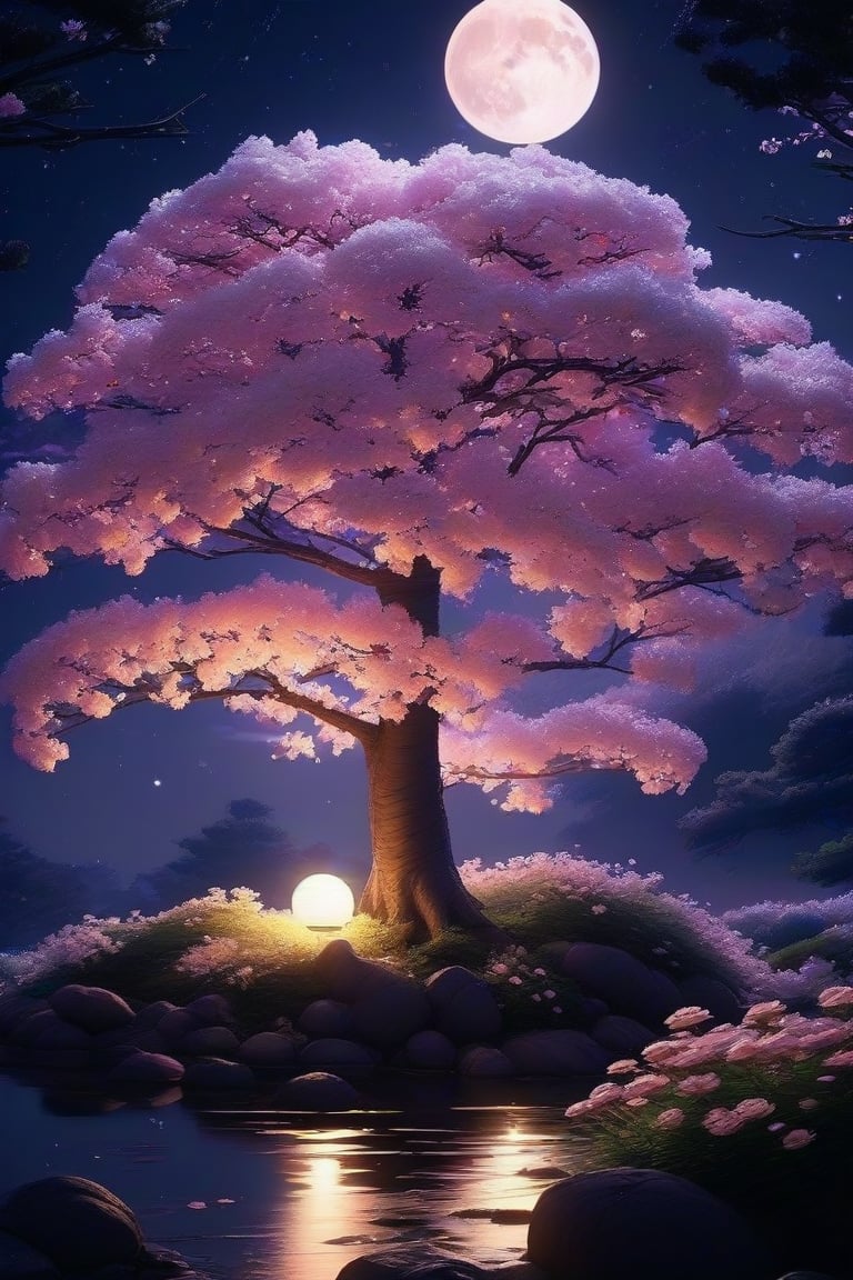 

Create a high-resolution image of a sakura tree illuminated by moonlight at night. The scene should capture the delicate pink blossoms glowing softly under the serene, starry sky. Use a mix of soft lighting and subtle shadows to highlight the intricate details of the flowers and the gentle curves of the tree branches. The moonlight should create a tranquil, enchanting atmosphere, emphasizing the ethereal beauty of the sakura tree in the nighttime setting.

---