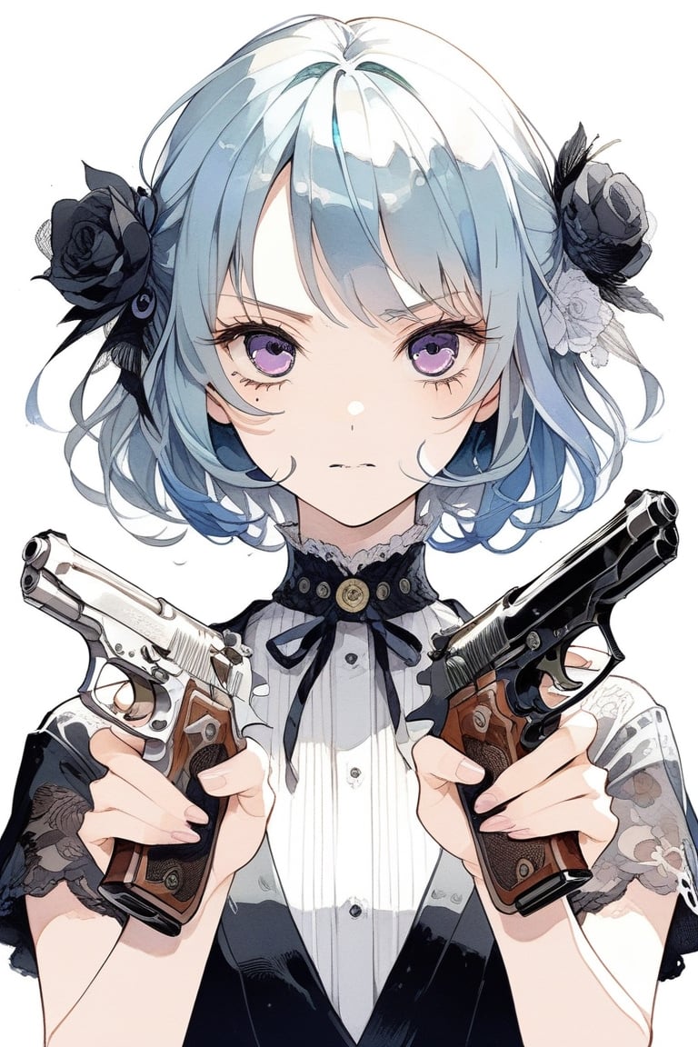 Girl with two handguns
Trigger discipline.
Two pistols. Dual wield, Akimbo, 
Japanese animation style.
Black revolver. The muzzle is facing you.
Beautiful eyes.
Very detailed and quality illustration.
Simple background. White background.
skirt.,blue hair,purple eyes 
upper body, 
masterpiece, top quality, aesthetic, Dual_wield,girl 