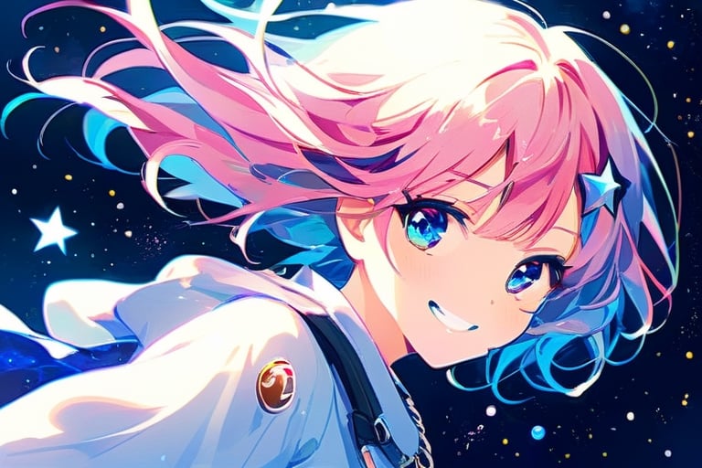 solo, looking at viewer,  missy hair, astronaut clothes, details in hair, 1girl,cool look , girl focus, pink hair, grin, moon necklace,, portrait,blue eyes ,smile, femenine focus,annoying, pink hair, bob hair, hime cut, pink tips, screensaver, wallpaper, colorful, happy, amazing, moon, stars, space in background, hair floating, wavy