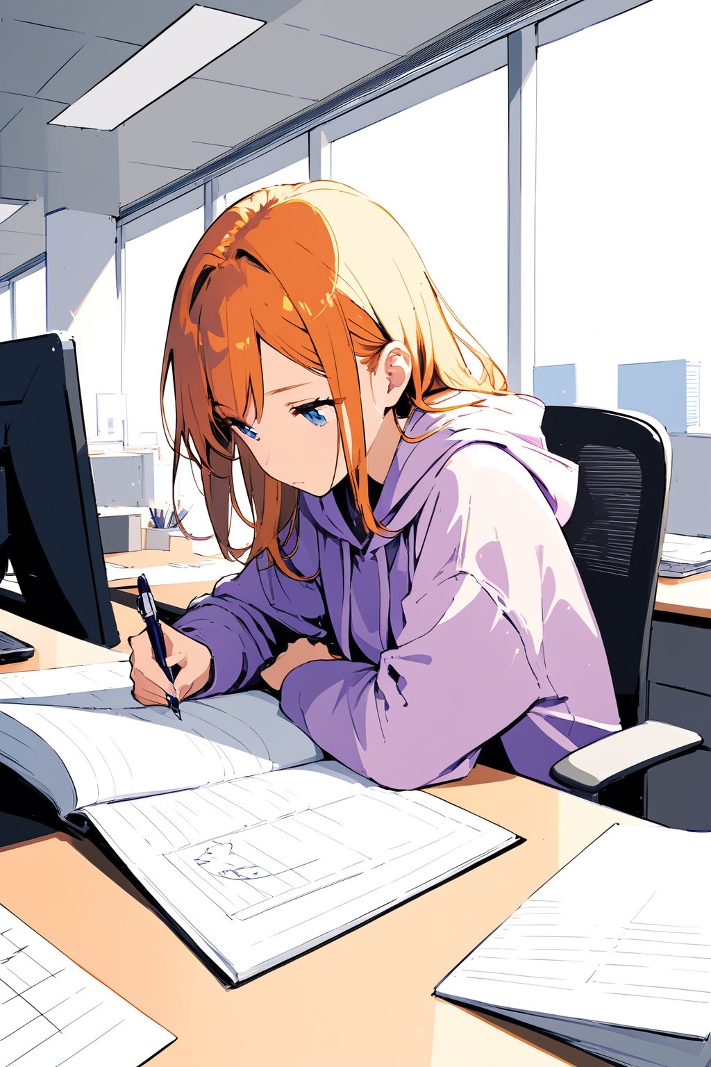 girl,wear purple hoodie ,long white skirt ,Orange hair ,blue eyes ,hold pen,draw manga,in office 
