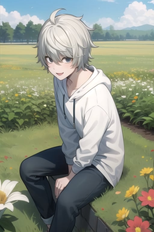 , wear hoodie, long pants ,nate_river, sit on flowers field ,look happy