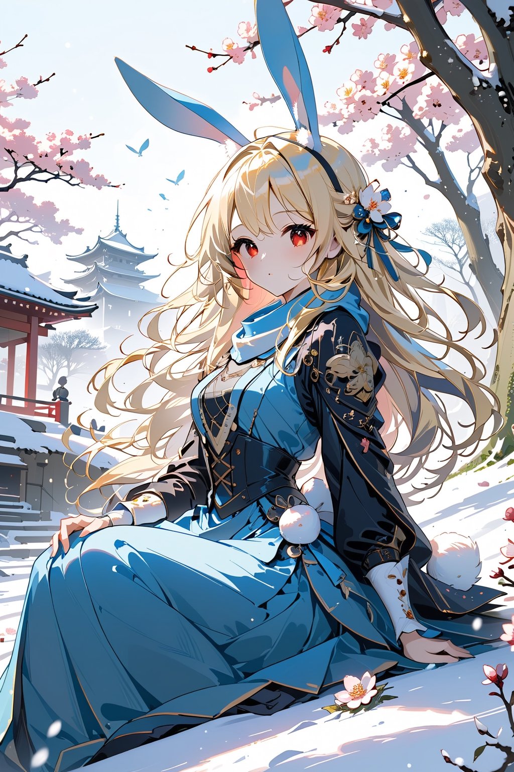  In a serene snowy landscape, there is a captivating Rabbit Girl with vibrant blonde hair, white folded rabbit ears, and a fluffy rabbit tail. Her striking red eyes shine ،mysterious allure. She is dressed in a blue dress, blending seamlessly with the wintry surroundings. The Rabbit Girl sit on flower filed ,sakura tree in the middle ,niji5