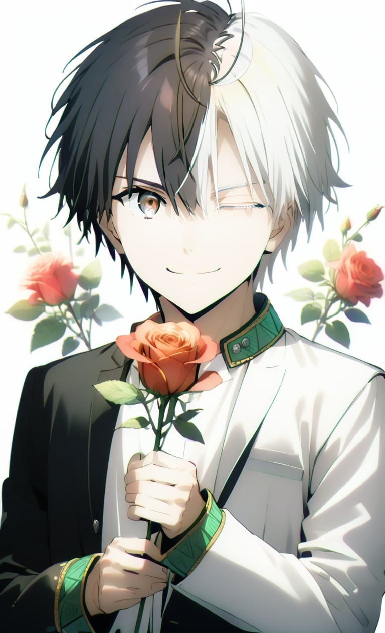 solo, looking at viewer, smile, simple background, shirt, red eyes, long sleeves, 1boy, white background, bow, holding, hair between eyes, jacket, white shirt, upper body, flower, ahoge, male focus, one eye closed, vest, red bow, rose, transparent background, formal, suit, hand on own chest, red flower, blue rose, holding flower, split-color hair,sakura haruka, white hair, black hair, split-color eyebrow, heterochromia, yellow eyes, grey eyes, two-tone hair