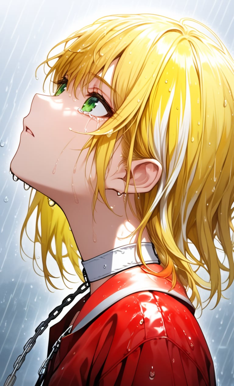 solo, short hair, 1girl, jewelry, green eyes, yellow hair, long  hair,female focus, multicolored hair, close lips, white choker, from side, streaked hair, wet, profile, chain, choker, looking up, portrait, androgynous, rain, water drop, wet hair,wear red shirt,upper body,white background ,look down, cry