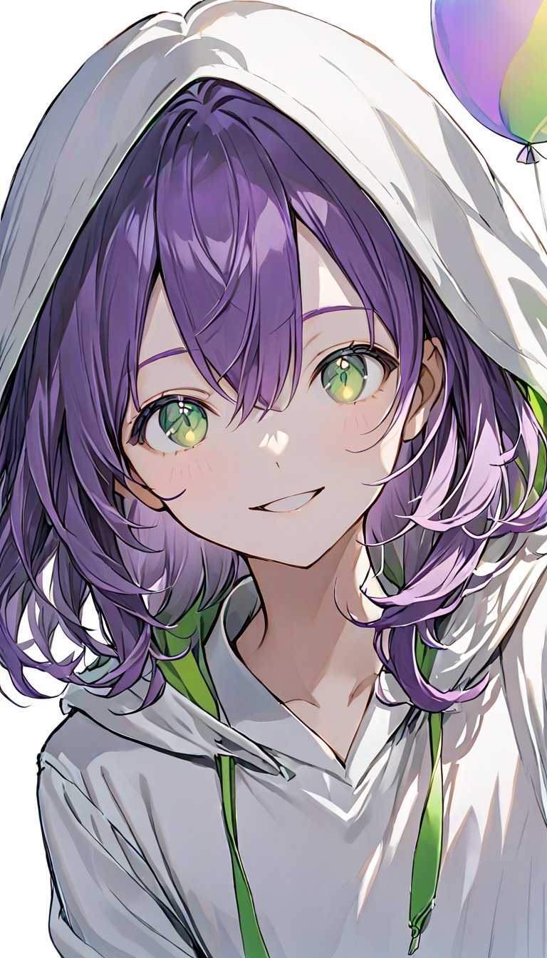 solo, looking at viewer, smile, open mouth, simple background, shirt, long sleeves, 1girl, white background, holding, purple hair,hair between eyes, upper body, :d, female focus, collared shirt, hood, green eyes, hoodie, White shirt, balloon ,hskdmnd