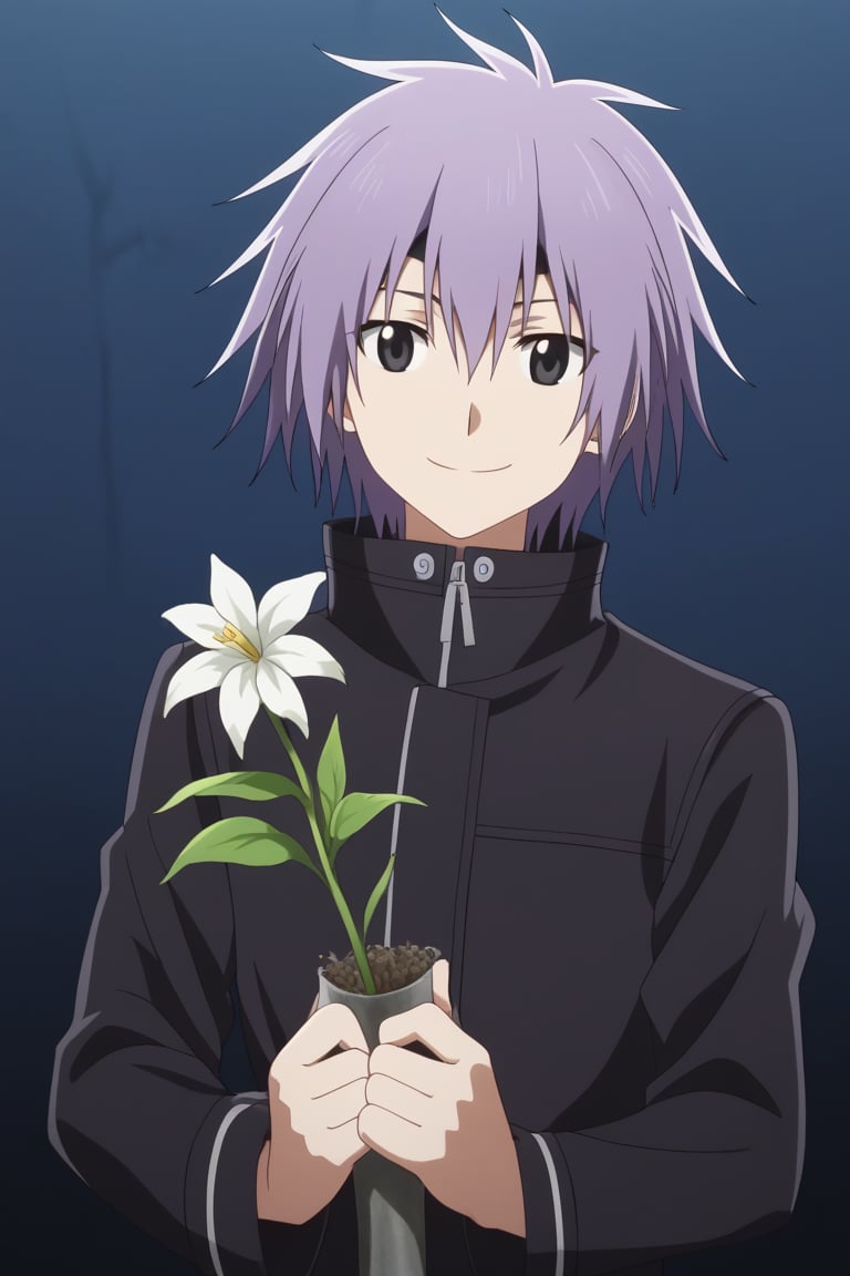  purple hair,lui_ohwada, black eyes,wear white clothe, hold white flower,smile