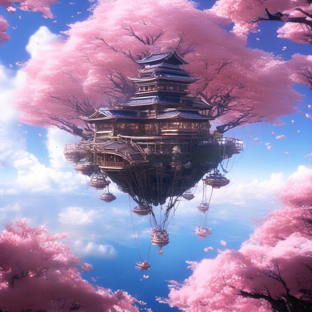 Newly built on fly Island in the sky, cherry trees all around