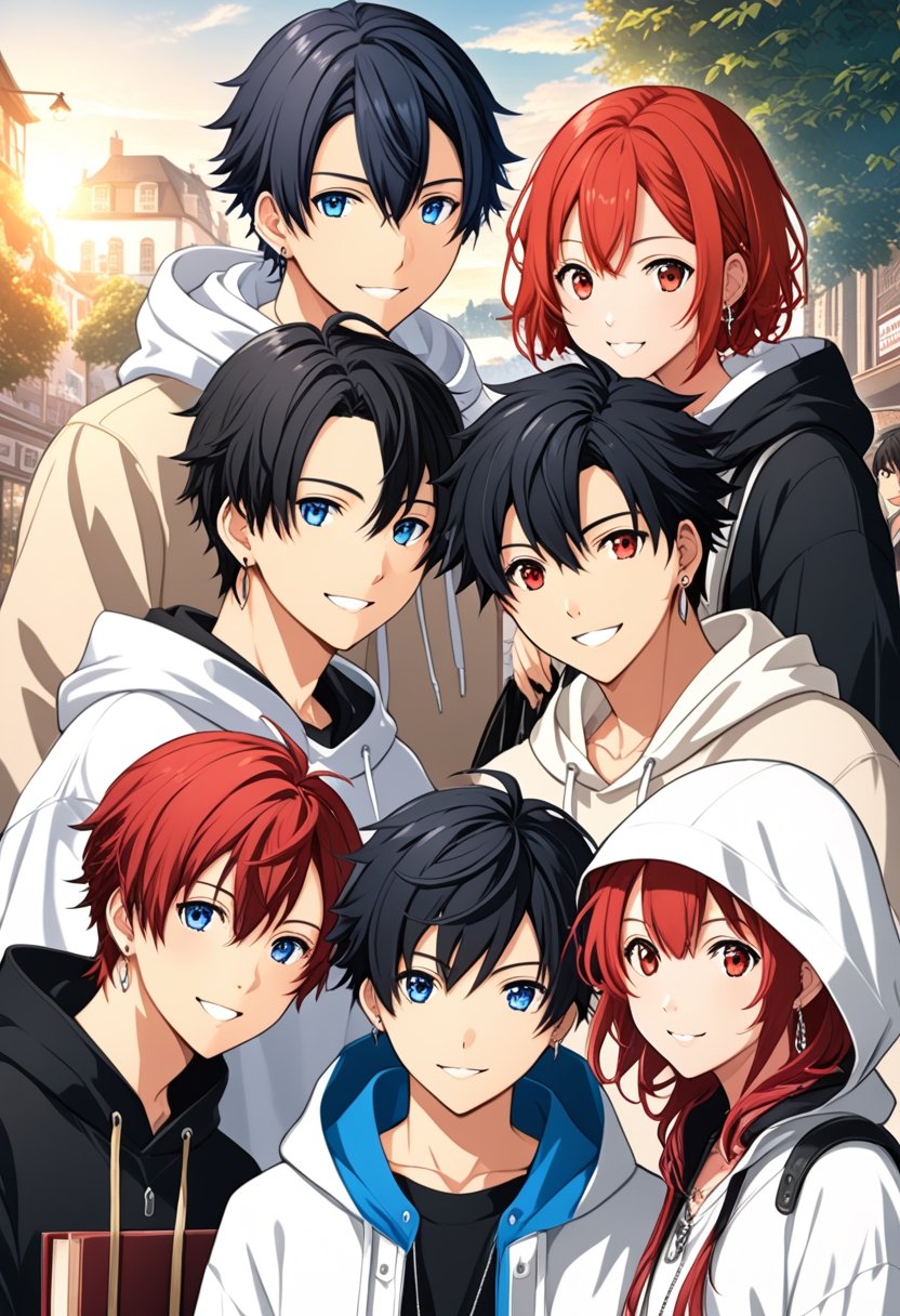 3boy, looking at viewer, smile, short red hair, group, black hair, male focus, multicolored hair, earrings, virtual youtuber, hood, collar, blue eyes, white hoodie, piercing, hood up,haruka,vs ,4 girls , dress, hold books,movie posters 