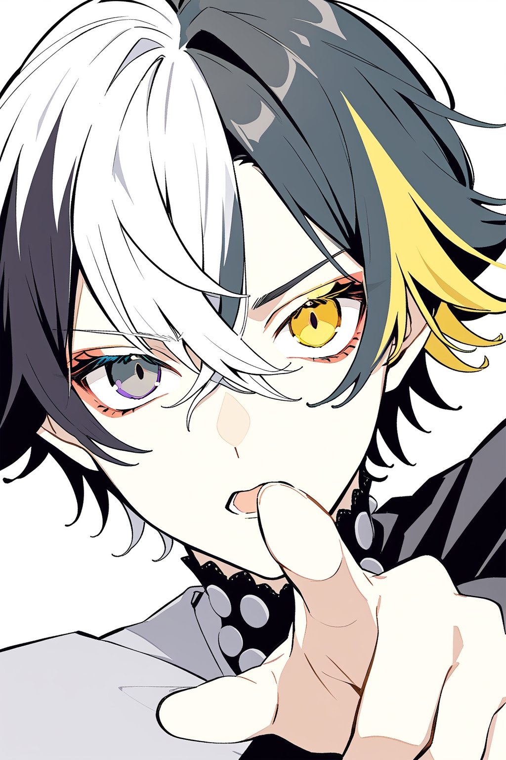 solo, looking at viewer, close mouth, black hair, 1boy, yellow eyes, white hair, male focus, multicolored hair, two-tone hair, grey eyes, heterochromia, pointing, split-color hair