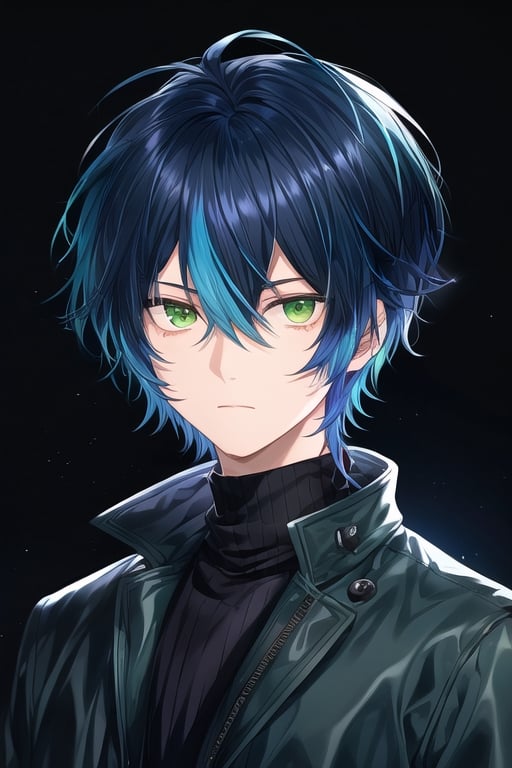 solo, looking at viewer, short hair, bangs, simple background, green eyes, 1boy, hair between eyes, closed mouth, dark blue hair, jacket, male focus, multicolored hair, turtleneck, black background, portrait