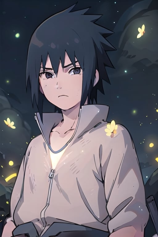 ((best quality)), ((masterpiece)), ((ultra-detailed)), extremely detailed CG, (illustration), ((detailed light)), (an extremely delicate and beautiful), a boy, solo, ((upper body,)), handsome,wear blue shirt and white pants ,look cool,,look at the viewer , black background with stars,fireflies,night sky,Sasuke Uchiha 