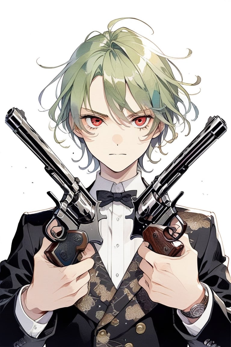boy with two handguns
Trigger discipline.
Two pistols. Dual wield, Akimbo, 
Japanese animation style.
Black revolver. The muzzle is facing you.
red eyes.
Very detailed and quality illustration.
Simple background. White background.
skirt.,green hair,purple eyes 
upper body, 
masterpiece, top quality, aesthetic, Dual_wield,male focus  