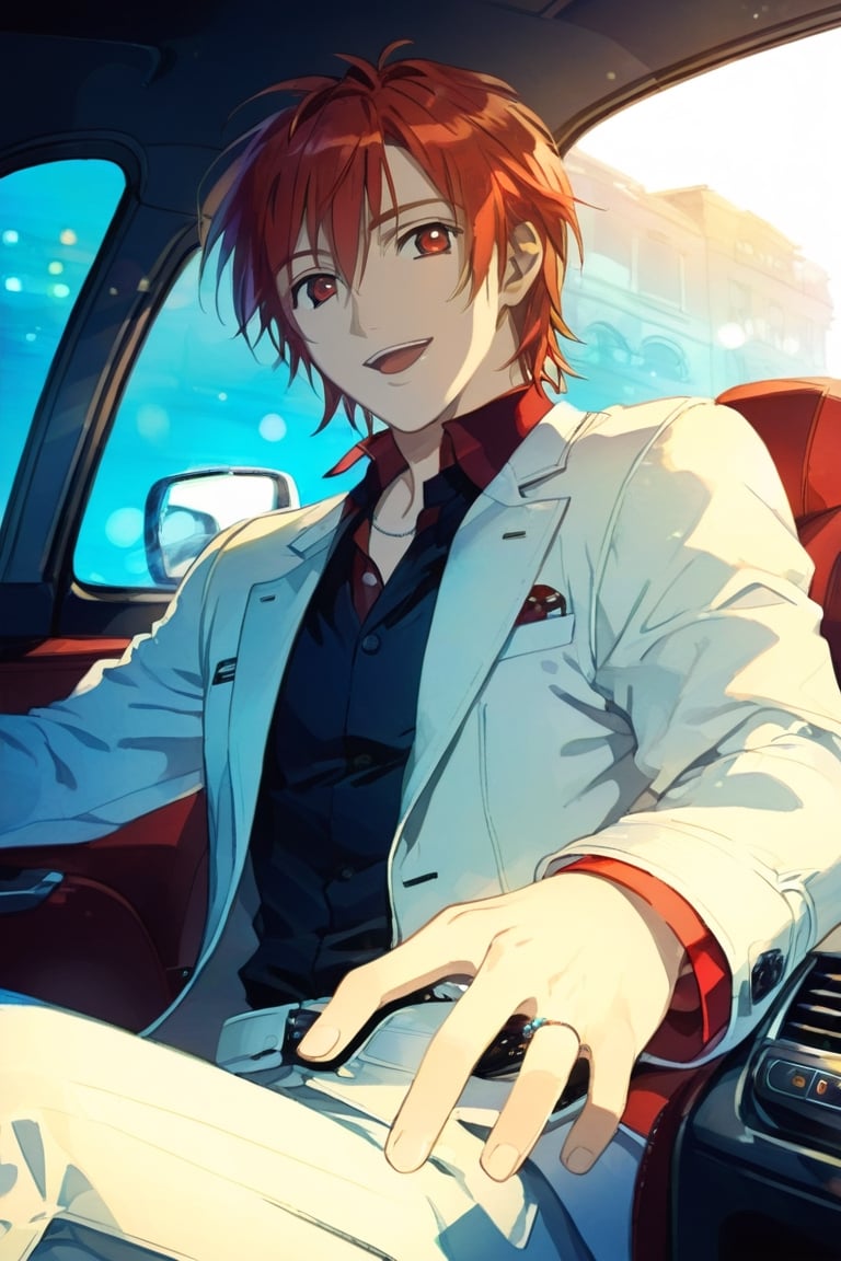 looking at viewer, smile, open mouth, bangs, red hair, shirt, red eyes, long sleeves, 1boy, hair between eyes,, jacket, upper body, male focus, , collared shirt,, white jacket ket, ground vehicle, motor vehicle, beads, car, car interior