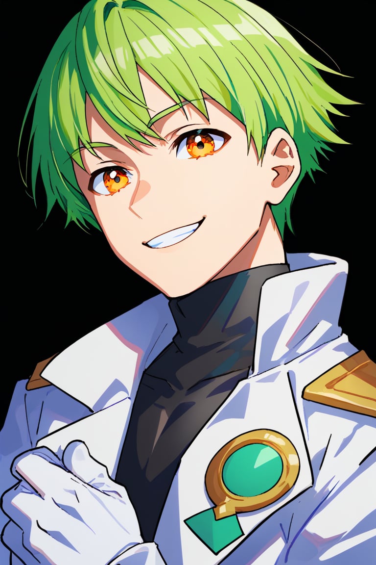 solo, looking at viewer, short hair, simple background, shirt, orange eyes, gloves, 1female, jewelry, jacket, upper body, green hair, male focus, white gloves, black shirt, turtleneck, white jacket, black background, bishounen,smile