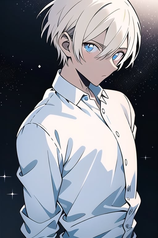 ((best quality)), ((masterpiece)), ((ultra-detailed)), extremely detailed CG, (illustration), ((detailed light)), (an extremely delicate and beautiful), a boy, solo, ((upper body,)), handsome,wear white shirt and white pants ,look cool ,look at the viewer , black background with stars,1boy