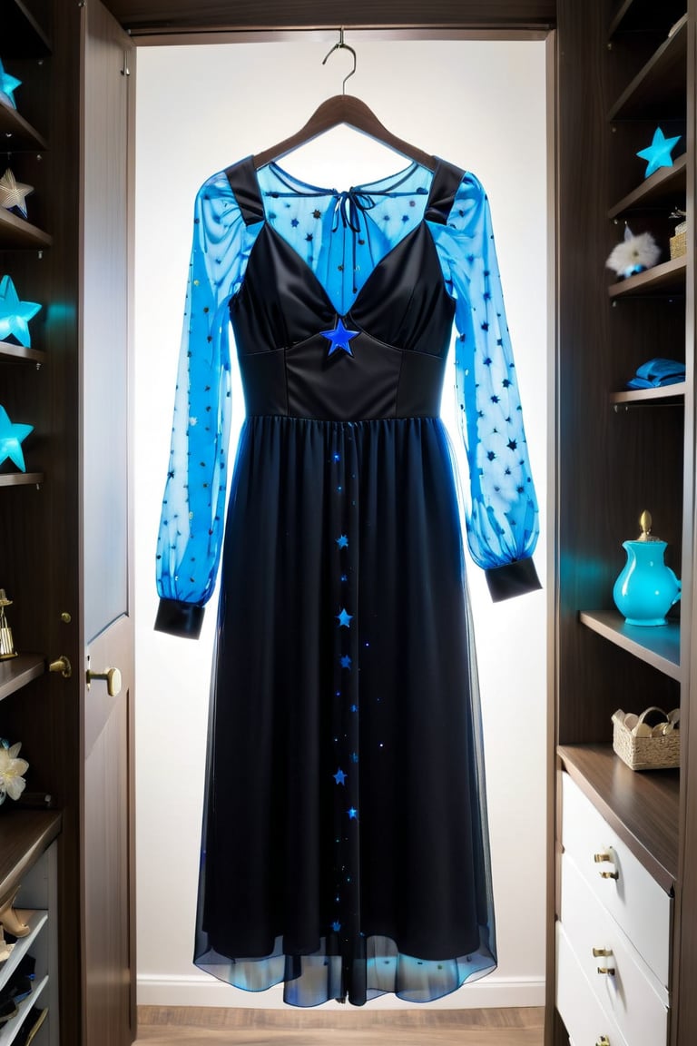 A black dress with small blue stars, long sleeves, and a neon blue transparent handle hanging in a closet