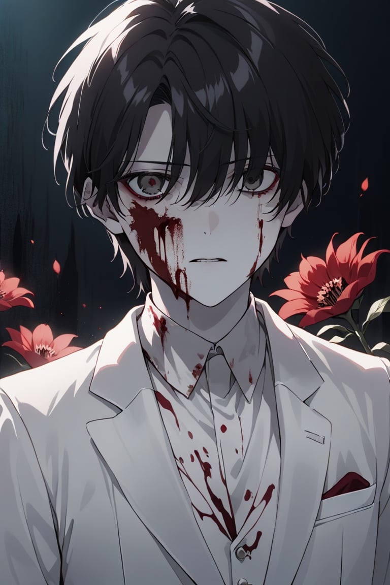 male, Transparent ghost of a 
boy wear wedding white suite ,short
black hair, light black eyes,blood on suite ,very pale skin ,at night,hold red flower on face,horror ,movie poster,shock,upper body,kaed3rukawa