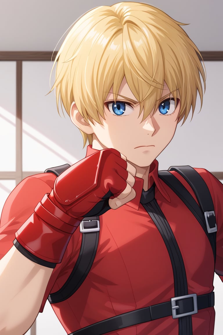 solo, short hair, shirt, gloves, 1boy, closed mouth, upper body, blonde hair, male focus, indoors,fingerless gloves, red shirt, white background, red gloves, fighting stance,xavier_lnds, blue eyes, hair between eyes