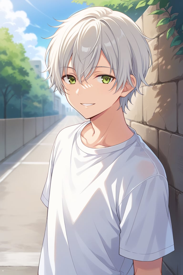 solo, looking at viewer, smile, shirt, 1boy, green eyes, white shirt, upper body, white hair, male focus, outdoors, parted lips, day