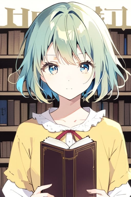 1girl, looking at viewer, short hair, closed mouth, blue eyes,  anime_hair, yellow shirt, 1girl, bow, ribbon, hair ribbon, white shirt,book