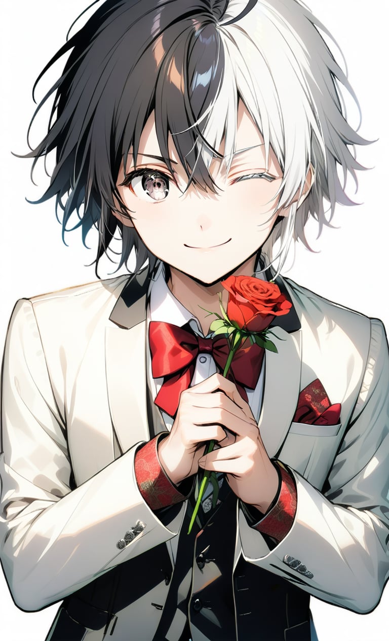 solo, looking at viewer, smile, simple background, shirt, red eyes, long sleeves, 1boy, white background, bow, holding, hair between eyes, jacket, white shirt, upper body, flower, ahoge, male focus, one eye closed, bowtie, vest, red bow, rose, transparent background, formal, suit, hand on own chest, red flower, red rose, holding flower, split-color hair,sakura haruka, white hair, black hair, split-color eyebrow, heterochromia, yellow eyes, grey eyes, two-tone hair