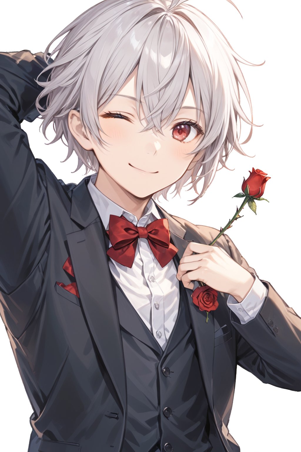 solo, looking at viewer, smile, simple background, shirt, red eyes, long sleeves, 1boy, white background, bow, holding, hair between eyes, jacket, white shirt, upper body, flower, ahoge, white hair, male focus, one eye closed, bowtie, vest, red bow, rose, transparent background, formal, suit, hand on own chest, red flower, red rose, holding flower