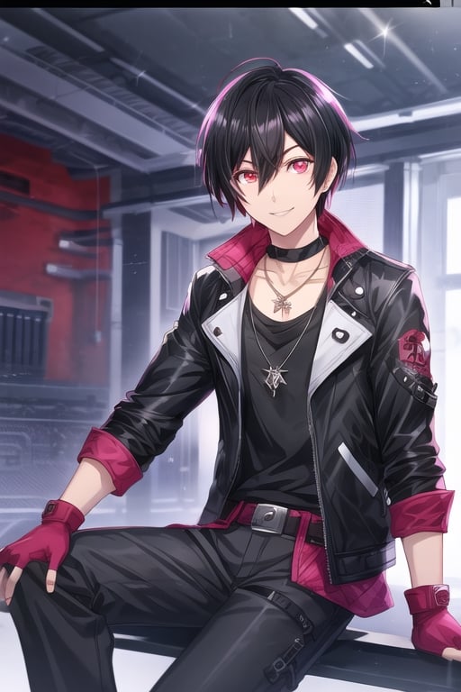 looking at viewer, smile, short hair, black hair ,pink eyes, shirt, gloves, 1boy, sitting,cool jacket, male focus, gloves, pants, fingerless gloves, necklace, black jacket, screenshot,NIJI BOYS STYLE,male,red eyes