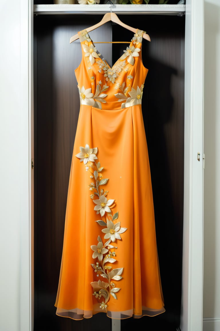 Long Orange dress with shining small yellow flower, beautiful decoration, sleeveless, hanging in a closet