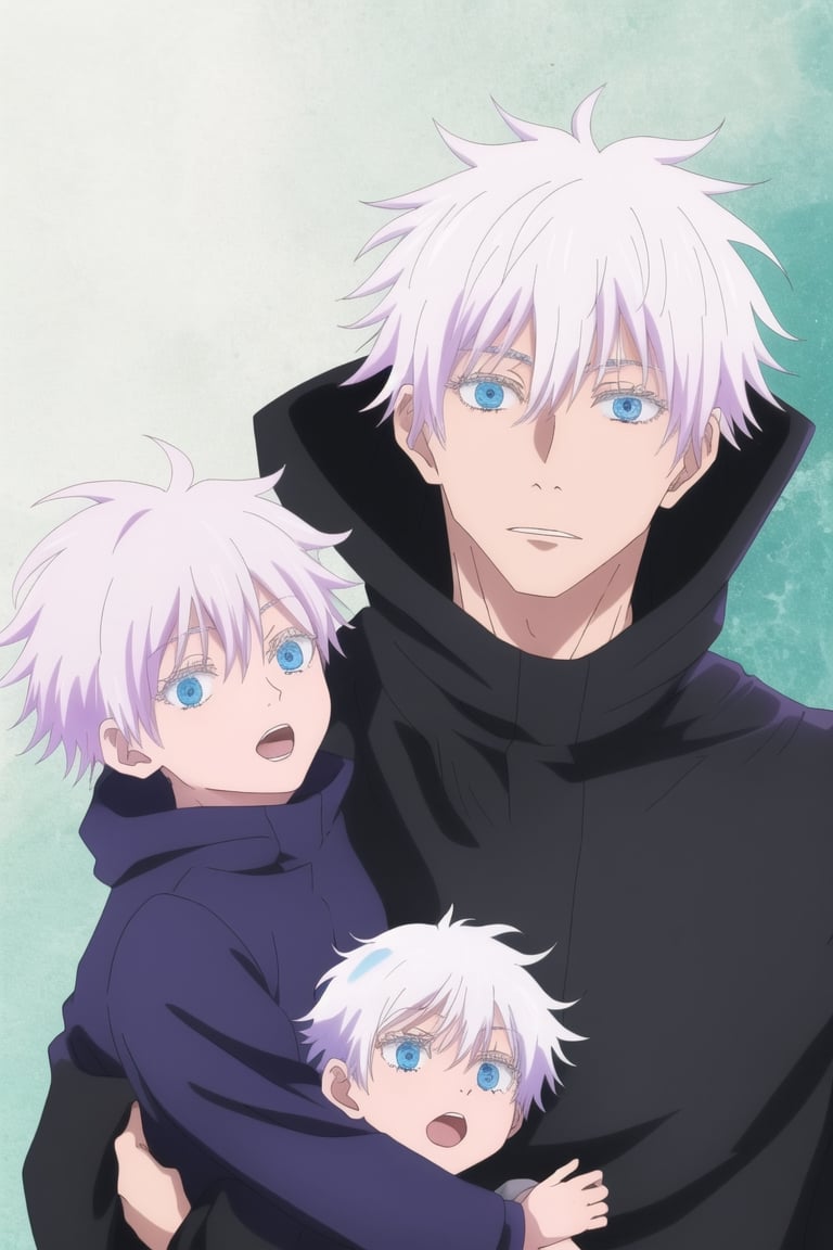 satoru gojo,white hair,short hair,hair between eyes,ice blue eyes,white eyelashes, ,cool ,wear black hoode ,masterpiece,clothes,family,kids