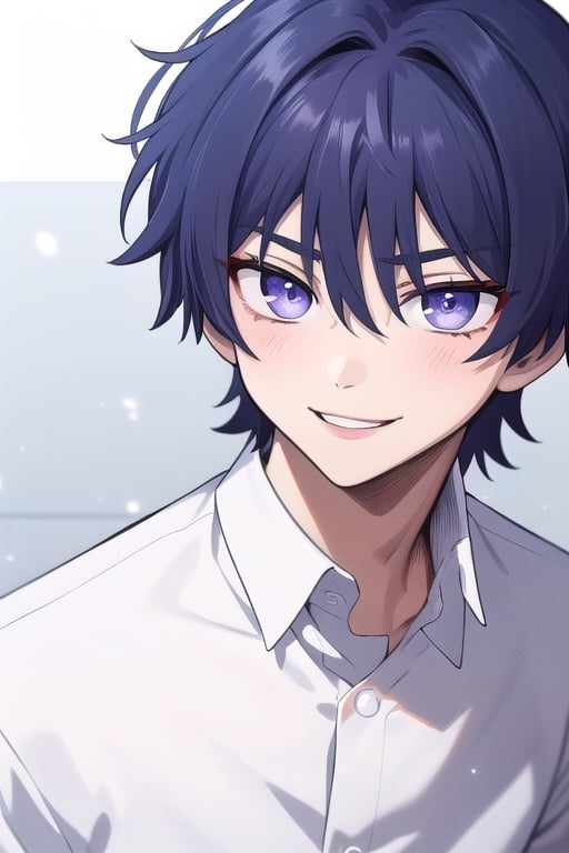 solo, looking at viewer, smile, 1boy, hair between eyes, , annoying, purple eyes, blue hair, male focus, wear white shirt , white pants, portrait,manga,scara