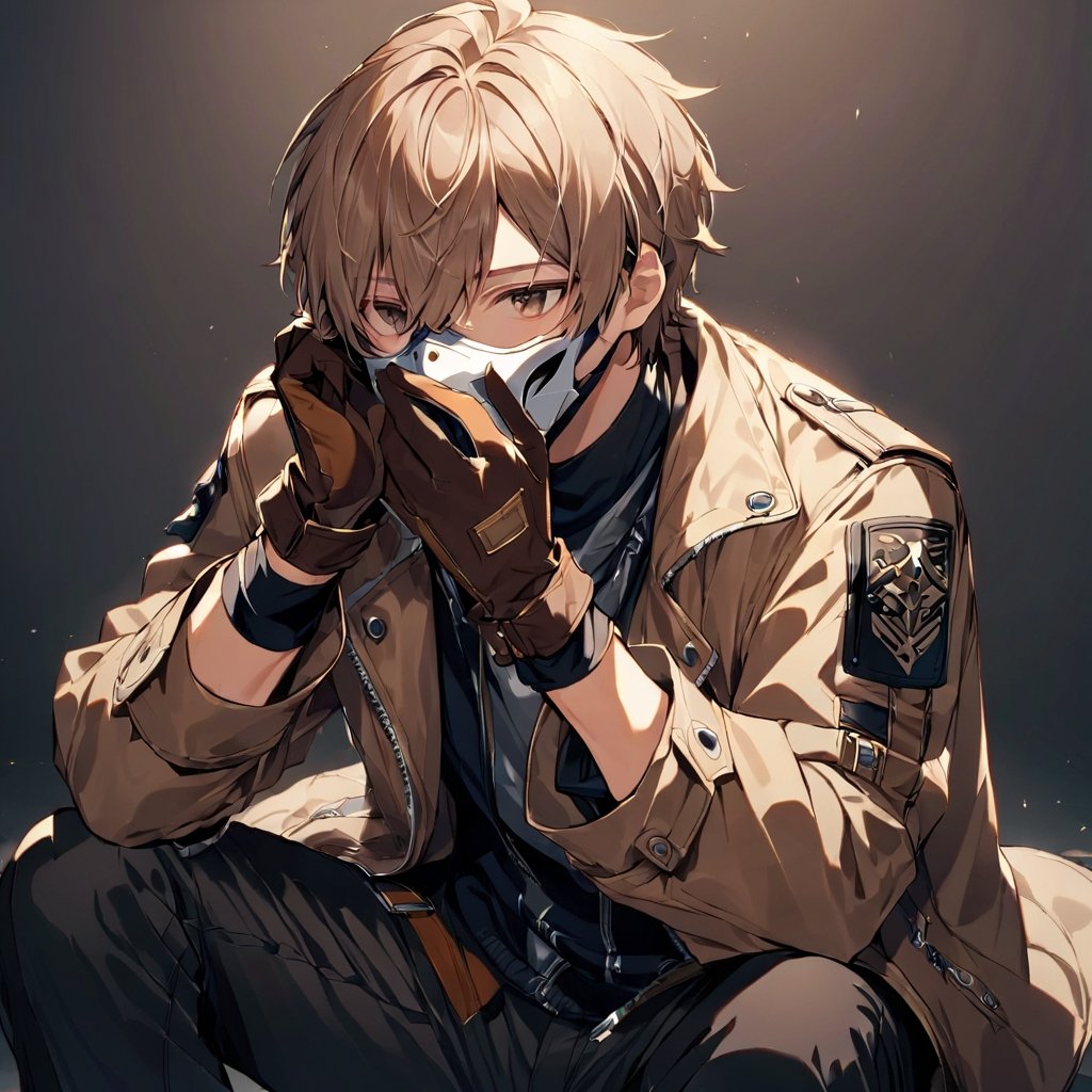 solo, gloves, 1boy, sitting, jacket, male focus,light brown hair ,light brown eyes ,hide his face with mask