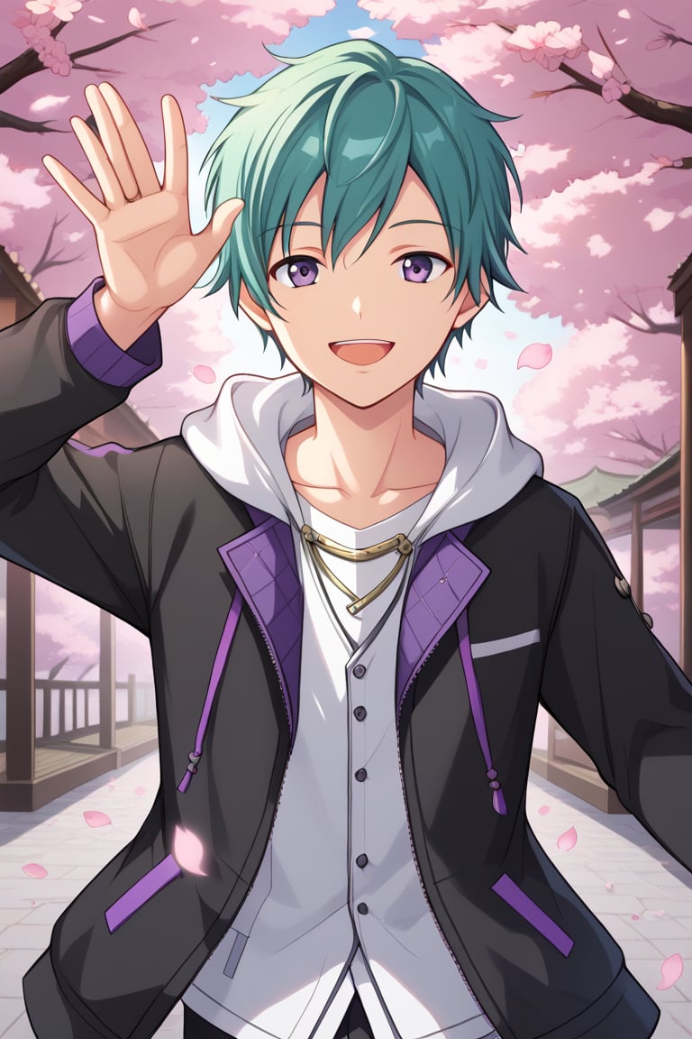 solo, looking at viewer, smile, open mouth, 1boy, jewelry, purple eyes, jacket, male focus, dark green hair, hood, petals, aqua hair, cherry blossoms, waving