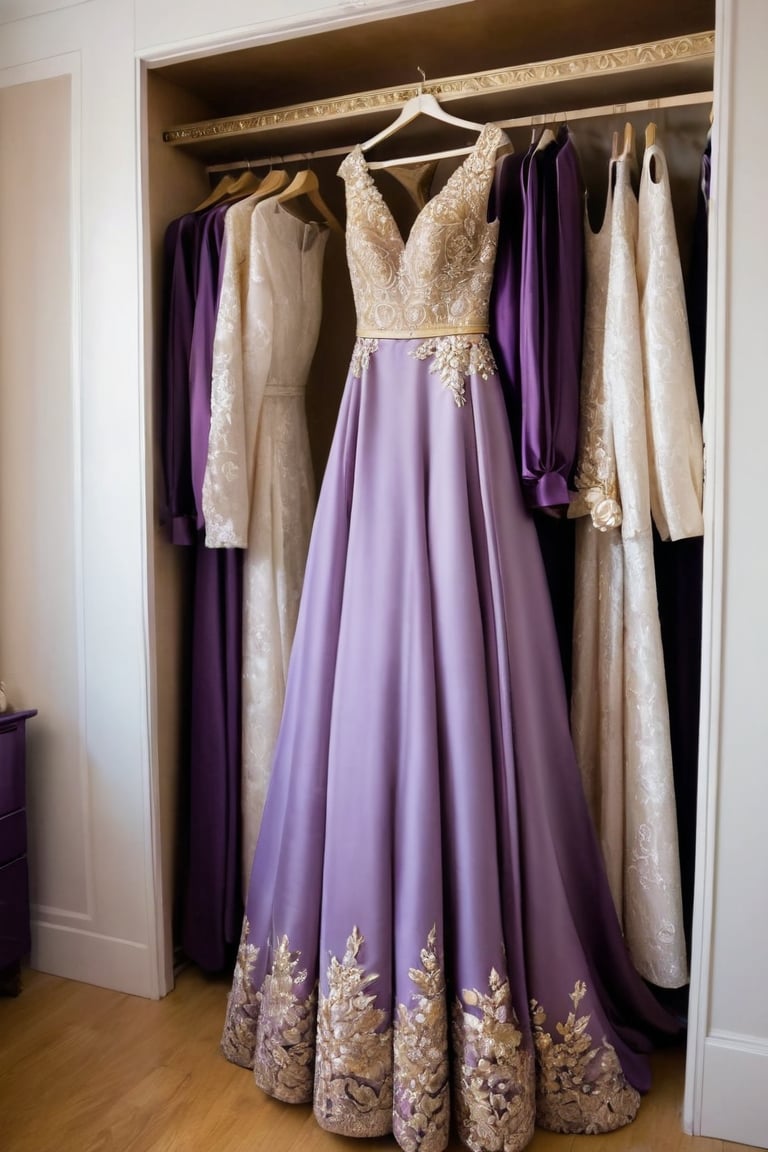 long purple wedding dress, long sleeves, beautiful white and gold flower decoration on the waist, the dress hanging in closet 