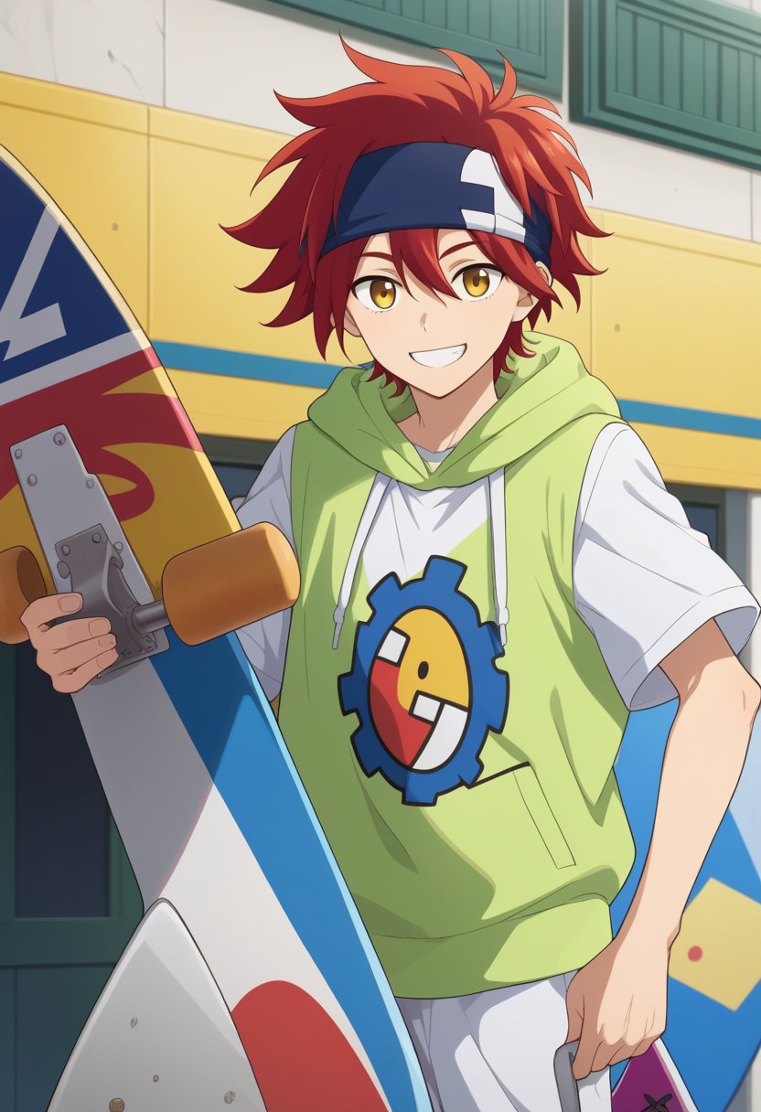  white shirt, green hoodie, messy hair, yellow eyes, red hair, solo, 1boy,reki kyan, blue headband,look exciting ,smile,hold a skate board 