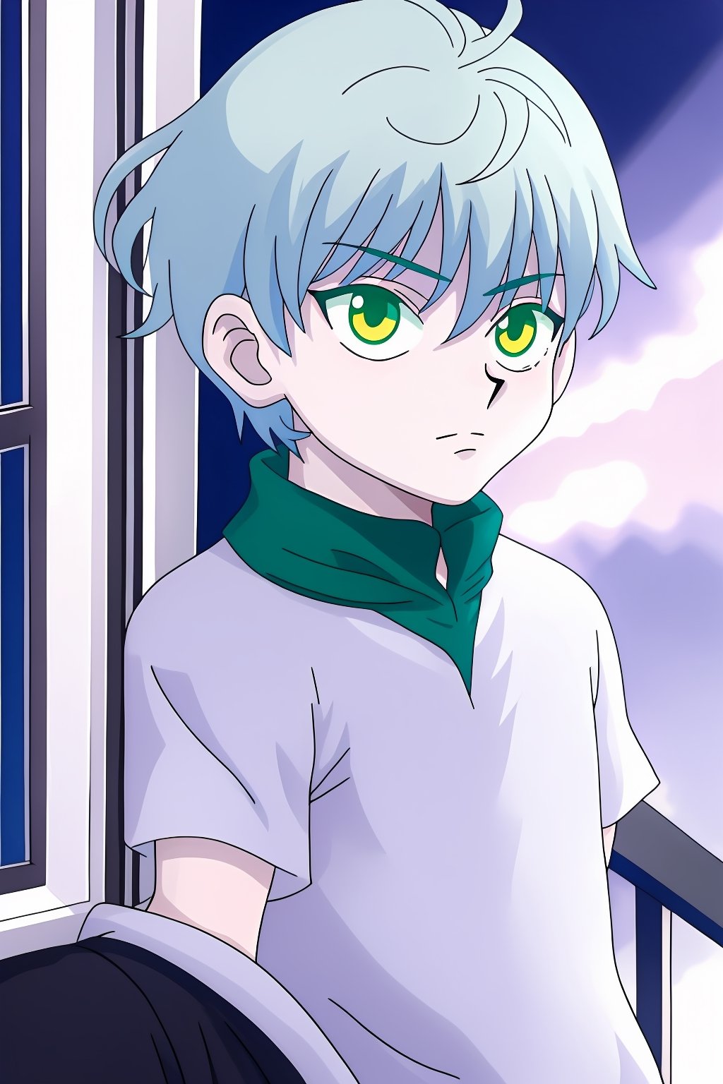 solo, open mouth, shirt, 1boy, school uniform, blue hair, yellow eyes, white shirt, male focus, green hair, plaid, window, curtains, spiked hair, towel,  screenshot, towel around neck, anime coloring, plaid pants